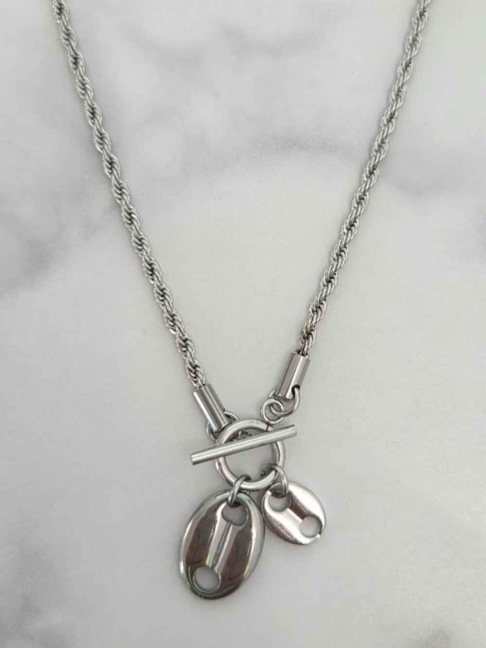 Stainless Steel Coffee Bean Charm T-Bar Necklace Minimalist Dainty Silver Chain - Picture 3 of 12